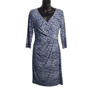 Lauren Ralph Lauren White Blue Jersey Surplice Dress VNeck 3/4 Sleeve Stretch 4P